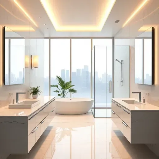 Modern Los Angeles bathroom with sleek fixtures, ambient lighting, marble countertops, glass shower, and stylish decor