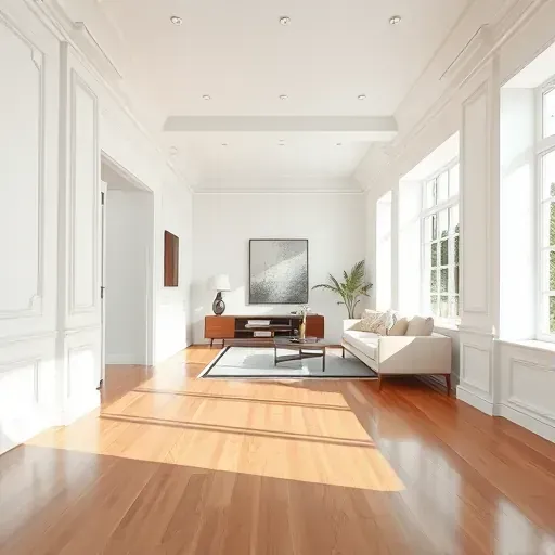 Modern Los Angeles living room with pristine white drywall, subtle matte paint, crown molding, hardwood floors, and natural light.