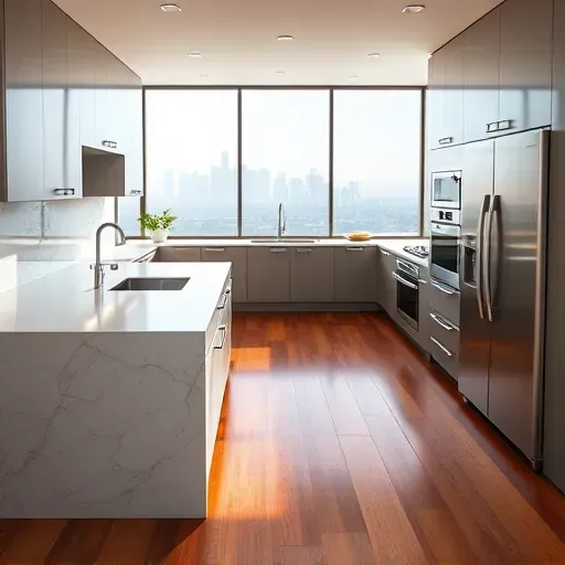 Newly renovated Los Angeles kitchen featuring quartz countertops, stainless steel appliances, and custom matte cabinetry.