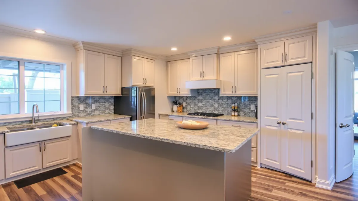 Modern Huntington Beach kitchen with sleek matte cabinets, stainless steel appliances, granite island, ocean view, and coastal decor.