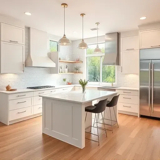 Remodeled Tustin California kitchen with neutral cabinets, quartz countertops, large island, stainless steel appliances, hardwood floors and natural sunlight