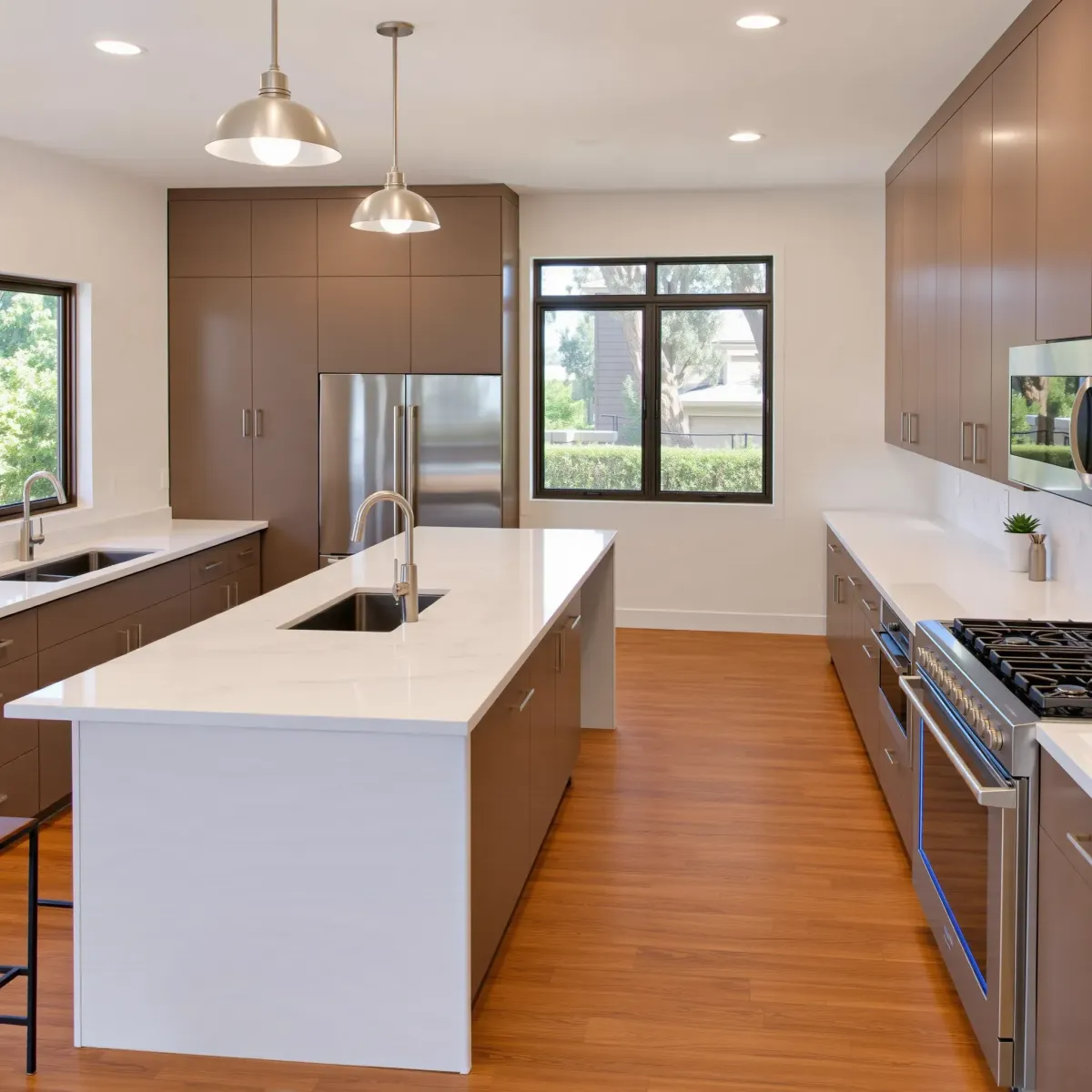 Modern Huntington Beach kitchen with quartz counters, stainless appliances, natural wood cabinets, and coastal outdoor view.