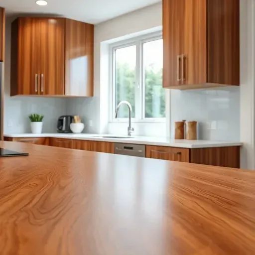 Refinished modern kitchen cabinet with glossy surfaces, intricate wood grain, sleek cabinetry, and soft natural lighting