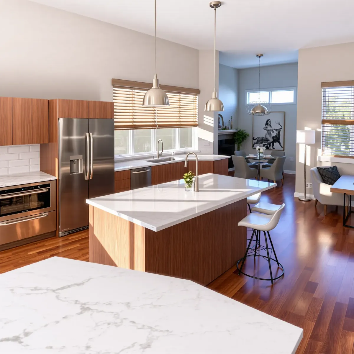 Modern Los Alamitos kitchen with granite countertops, stainless appliances, hardwood floors, and sleek design.