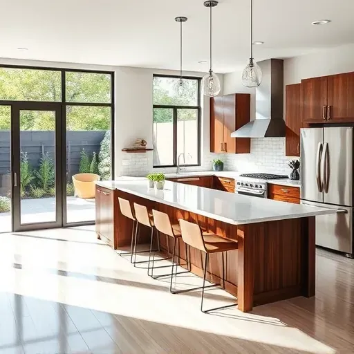 Modern Lacy California kitchen with quartz countertops dark wood cabinets stainless steel appliances and lush backyard view