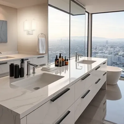 Modern Los Angeles bathroom with sleek marble vanity, organized cosmetics, large mirrors, scenic city views, and warm lighting