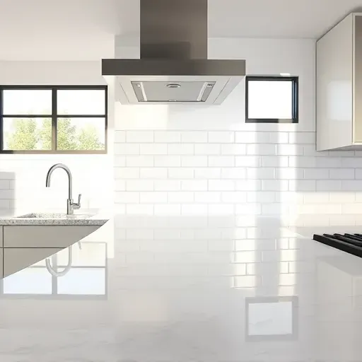 Close-up of a modern kitchen backsplash with glossy white subway tiles, granite countertop, stainless steel fixtures, and natural light.