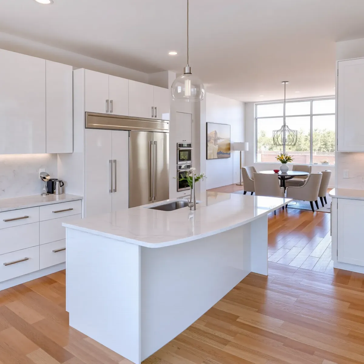Newly remodeled San Clemente kitchen with modern wood cabinets, stainless appliances, quartz island, and coastal views.