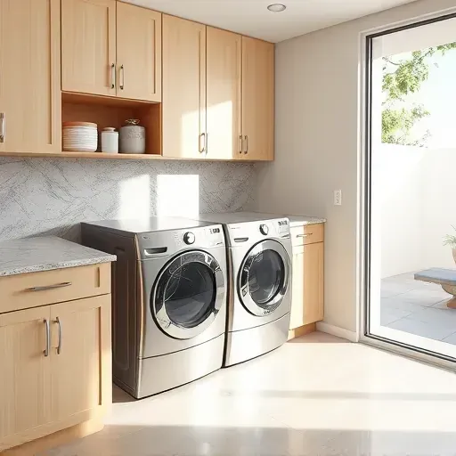 Remodeled modern laundry room in Los Angeles featuring light wood cabinets, granite countertops, stainless steel appliances, and natural sunlight.