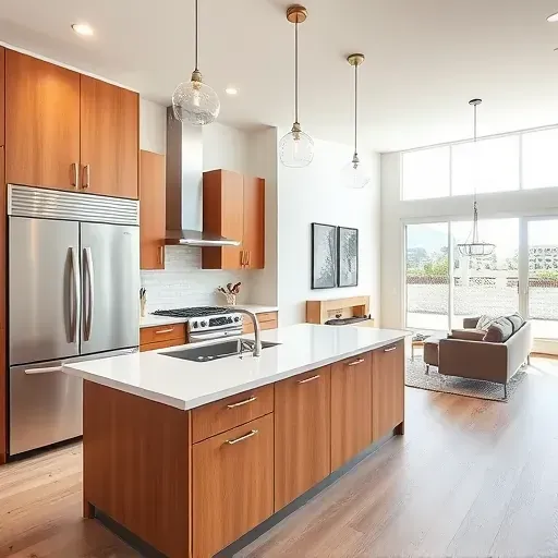Recently remodeled modern kitchen in Windsor Village CA with warm wood cabinets, stainless steel appliances, white quartz countertops, and natural light.