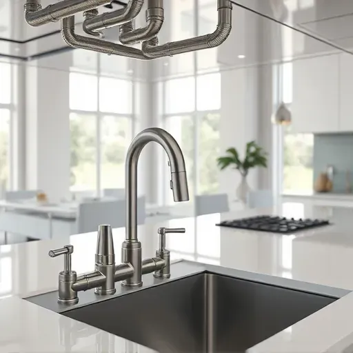 Detailed image of seamless stainless steel kitchen plumbing under a modern Los Angeles kitchen with natural light and sleek fixtures