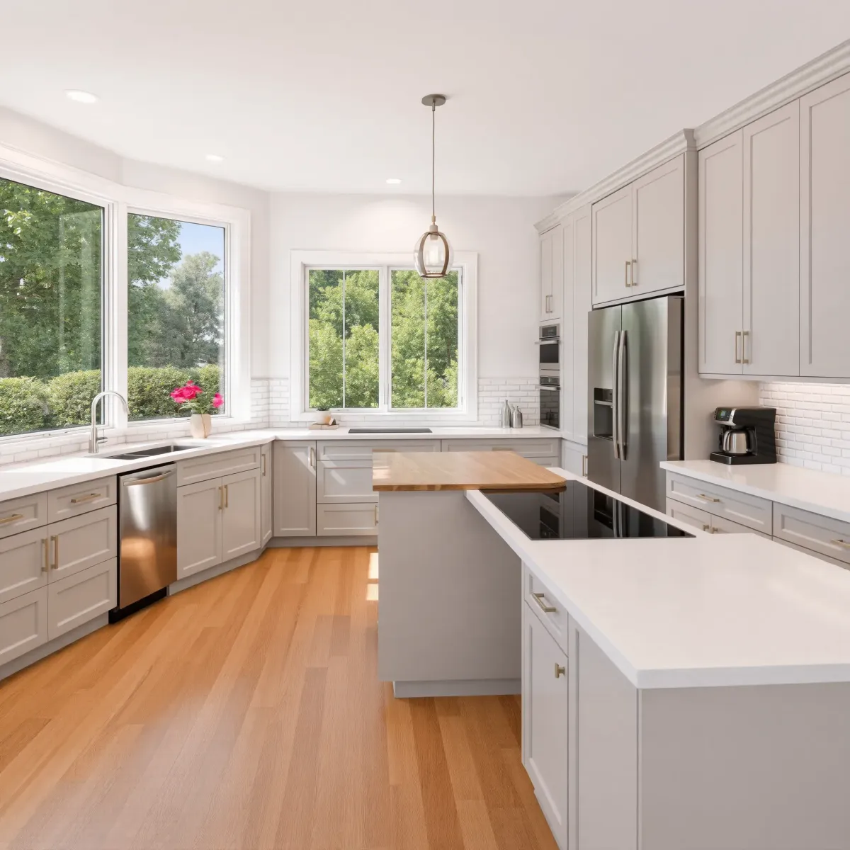 Spacious modern kitchen in Floral Park, CA with white quartz countertops, stainless steel appliances, gray cabinetry, and a wooden island.
