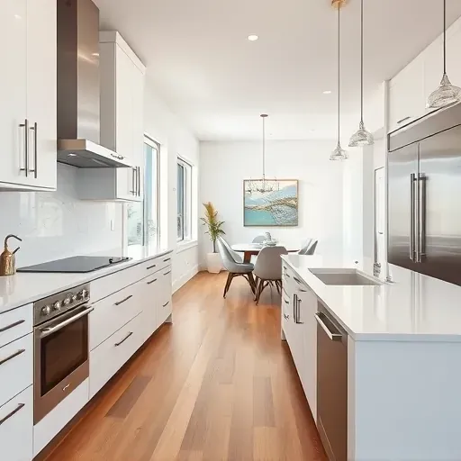 Newport Beach kitchen with white modern cabinetry quartz countertops stainless steel appliances hardwood floors and open dining area