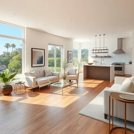 Remodeled living area in South Coast Metro, CA featuring hardwood floors, contemporary kitchen, and large windows.