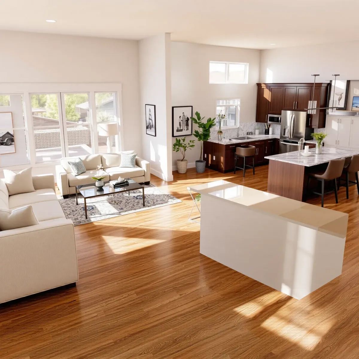 Modern Lake Forest home interior with spacious living room, open kitchen, natural light, hardwood floors, and lush greenery view.