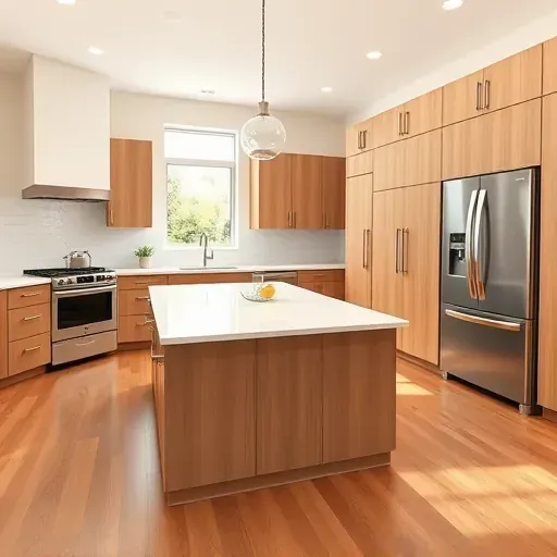 Modern remodeled kitchen in Bristol Manor CA with quartz countertops stainless steel appliances and hardwood floors