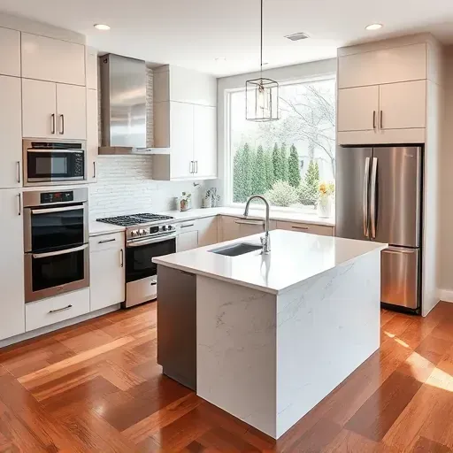 Remodeled Lake Forest kitchen with matte cabinets, quartz countertops, island, subway tile backsplash, stainless steel appliances, and lush backyard view