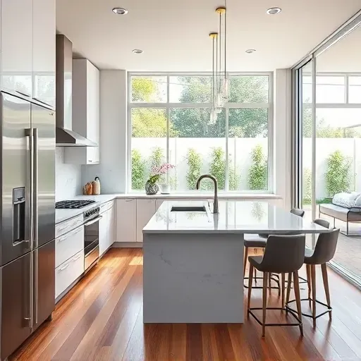 Remodeled Los Angeles kitchen with modern cabinetry, marble countertop, stainless appliances, and bright garden views.
