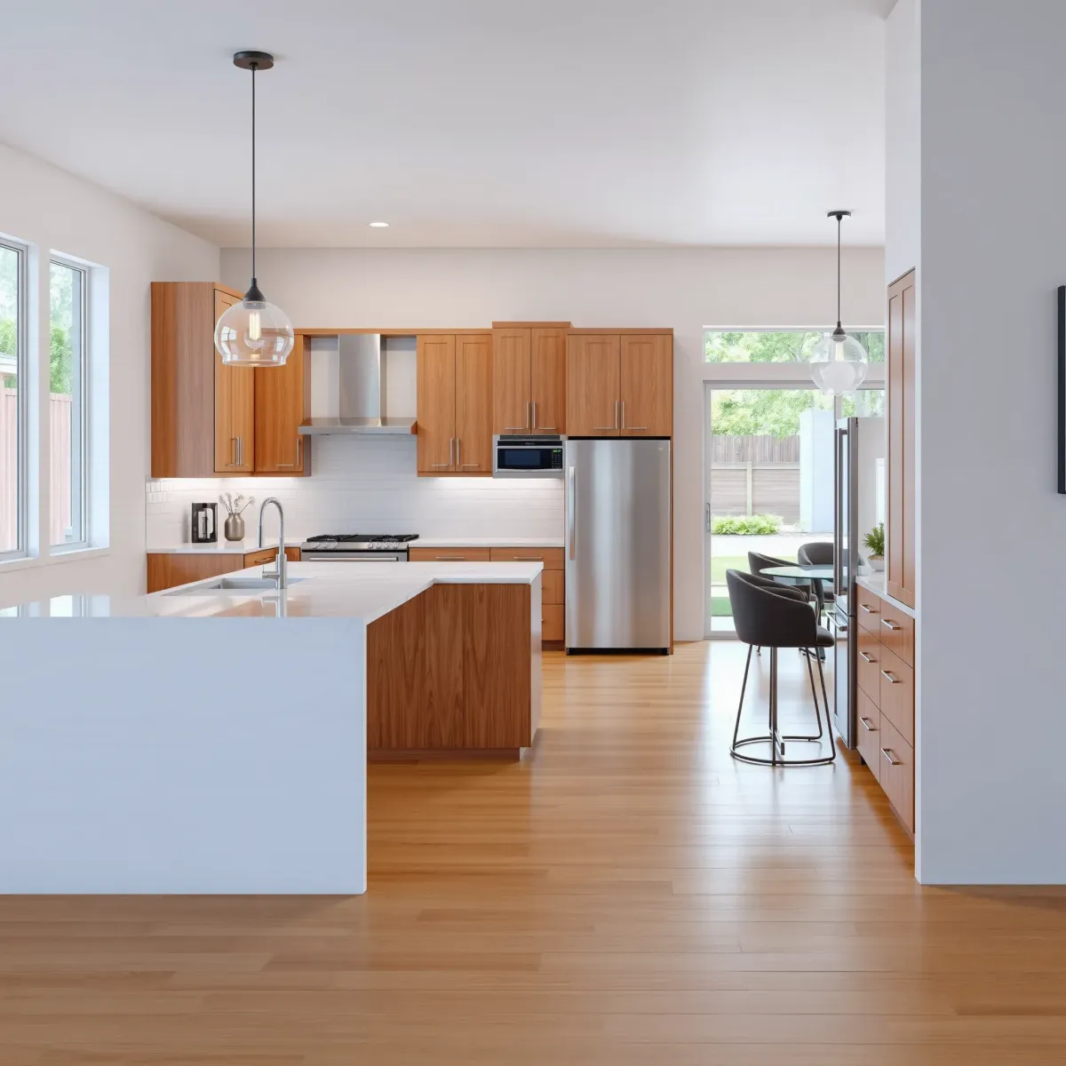 Modern renovated kitchen with quartz countertops, warm wood cabinets, stainless appliances, large windows, and hardwood floors.