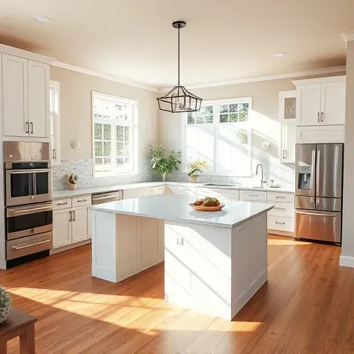 Modern Northwood CA kitchen remodel featuring white cabinetry, a quartz island, stainless steel appliances, and warm lighting.