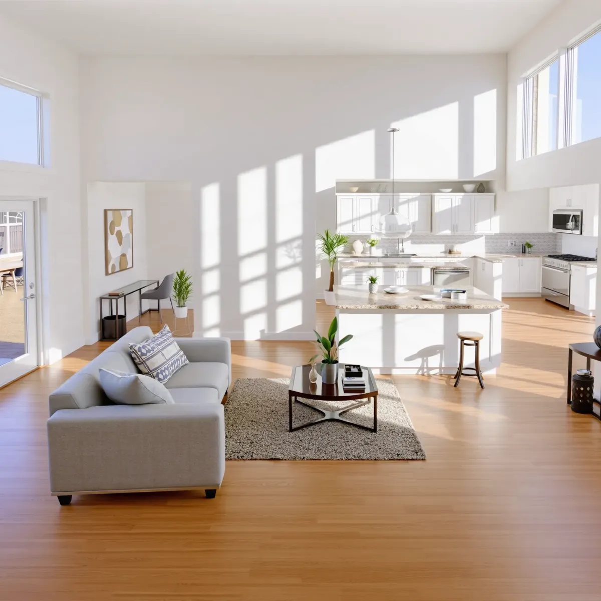 Beautiful Lacy, CA home remodel featuring a modern kitchen with sleek cabinets, stainless steel appliances, granite countertops, and natural light.