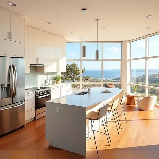 Remodeled Newport Heights kitchen with matte modern cabinets, stainless appliances, quartz countertops, glass backsplash, hardwood floors, and coastal views