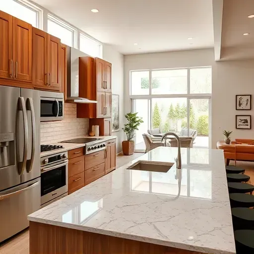 Remodeled Westminster CA kitchen with modern wood cabinets stainless steel appliances granite island natural light