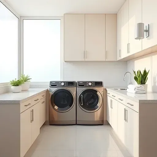 Remodeled Los Angeles laundry room with sleek quartz countertops, matte cabinets, metallic washer and dryer, bright natural light, and modern decor