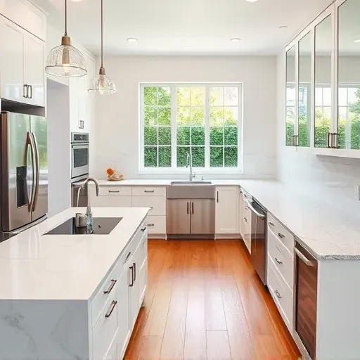 Modern remodeled Los Alamitos kitchen with white quartz countertops stainless steel appliances marble island soft-close custom cabinets hardwood flooring large window lush backyard view