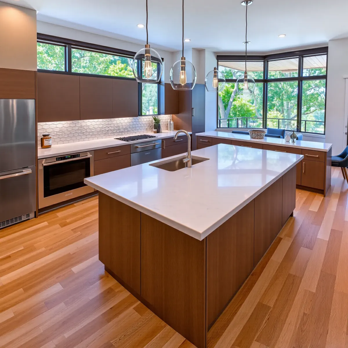 Modern renovated San Clemente kitchen with wood cabinets, stainless steel appliances, coastal views, and stylish quartz countertops.