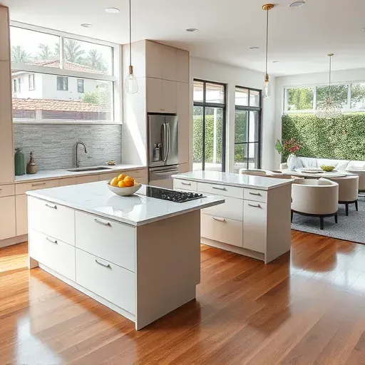 Remodeled Aliso Viejo kitchen with modern matte cabinetry, marble island, stainless steel appliances, hardwood floors, and natural light