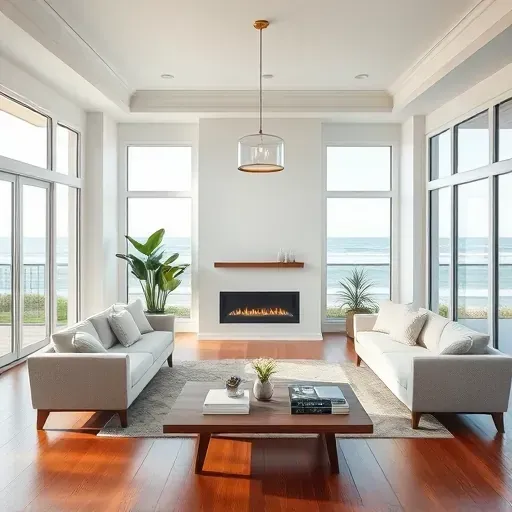 Remodeled Newport Beach living room with modern decor, large windows, and coastal views enhancing tranquility.