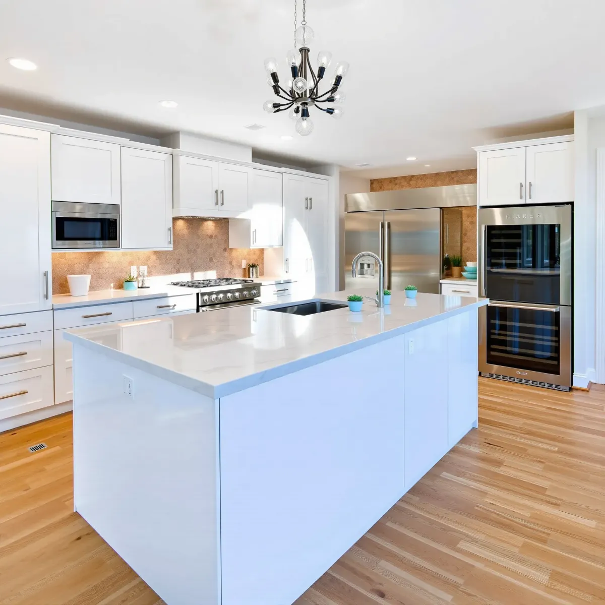 Modern Laguna Niguel kitchen with open design, white and taupe tones, dark wood cabinets, quartz island, stainless appliances.