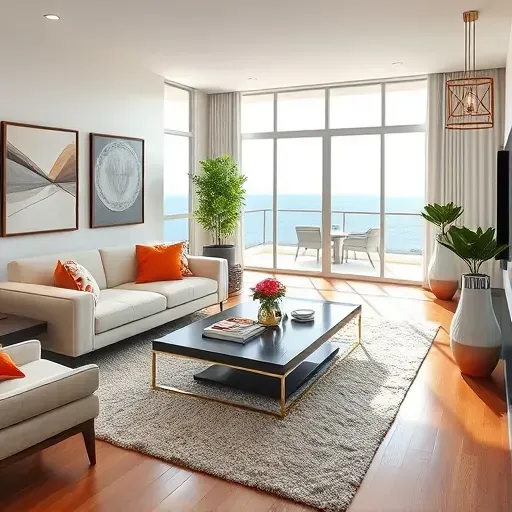 Bright modern living room in Dana Point with natural light, stylish furniture, and ocean view through large windows.