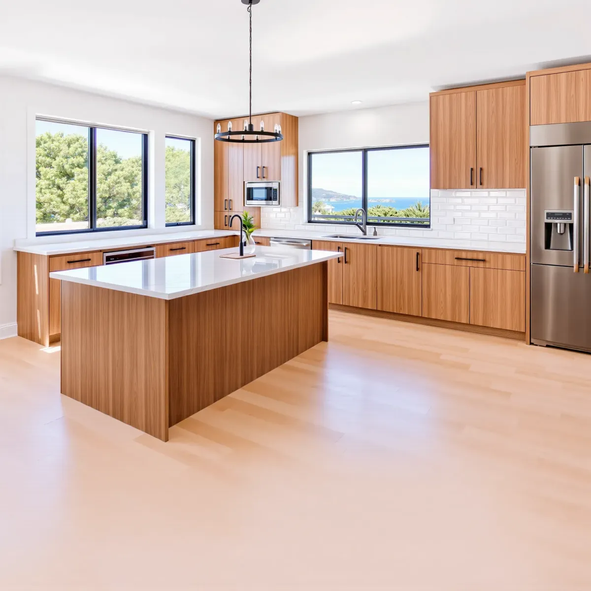 Modern Newport Beach kitchen with quartz counters, black fixtures, custom cabinets, and coastal decor accents.