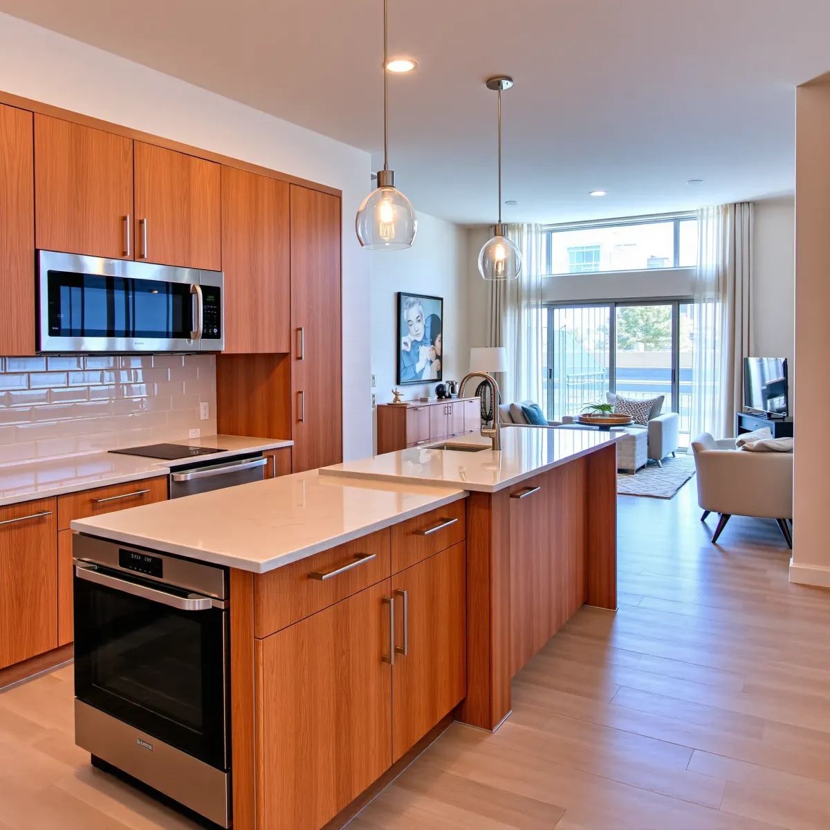 Bright remodeled Fountain Valley kitchen with warm wood cabinets, quartz counters, stainless appliances, and open living space.