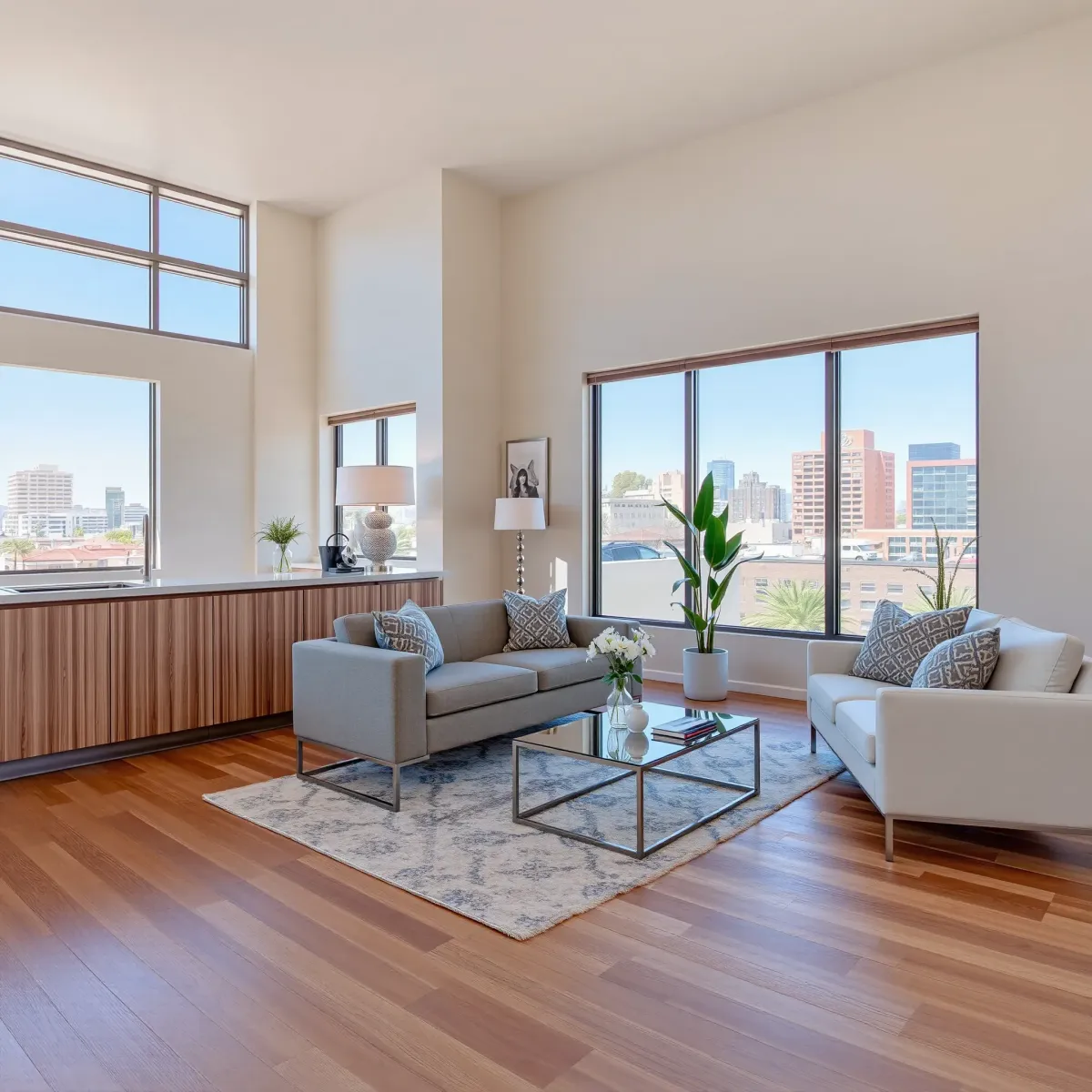 Modern Santa Ana home interior with large windows, hardwood floors, sleek furniture, and a stylish, well-organized kitchen.
