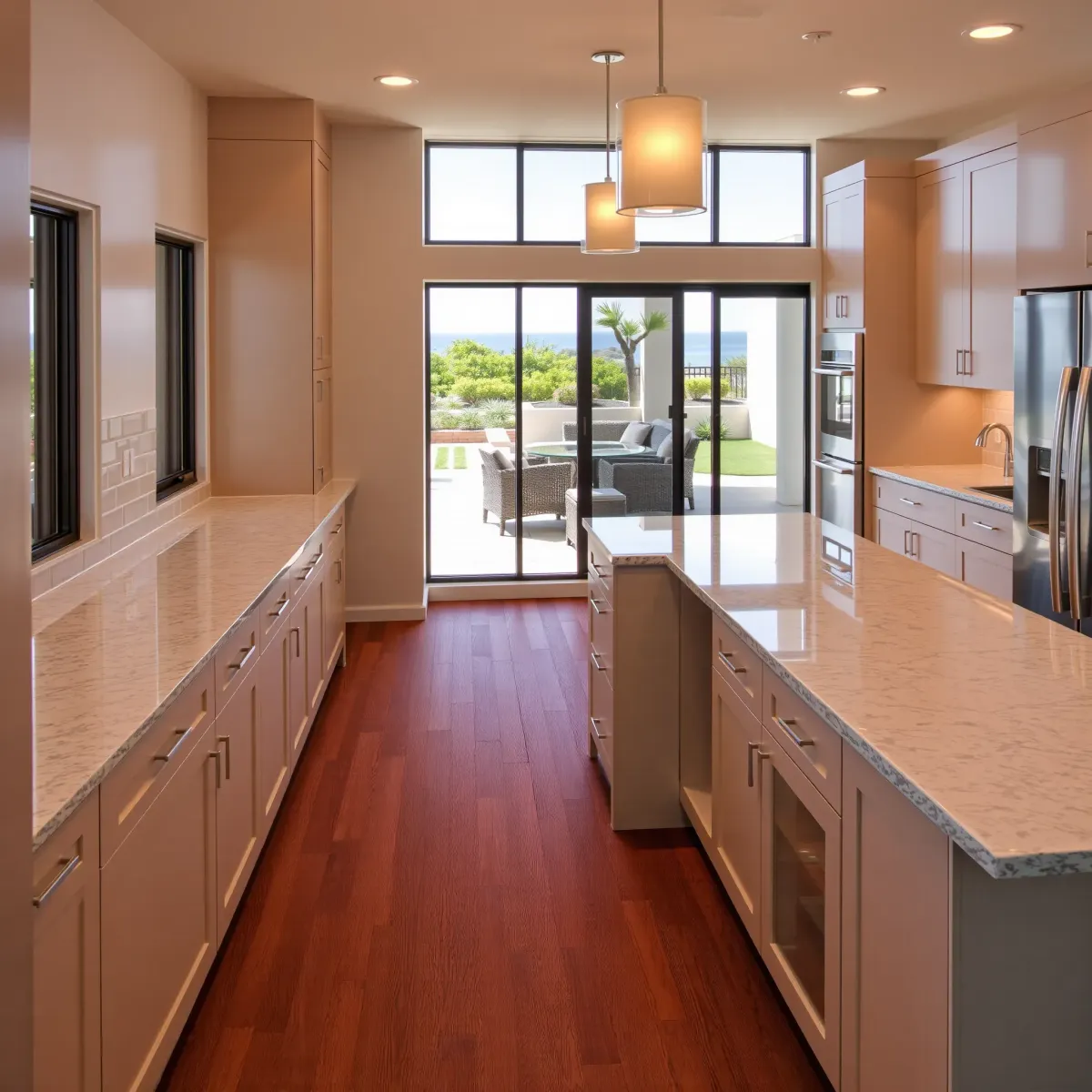 Recently remodeled modern kitchen in Aliso Viejo, CA, featuring sleek cabinetry, granite counters, stainless steel appliances, and a spacious marble island.