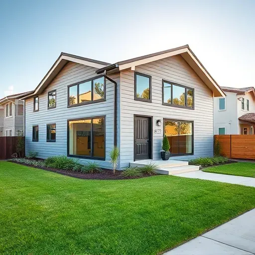 Finished modern home addition in Los Angeles with new siding, energy-efficient windows, landscaped yard, and bright sunny sky