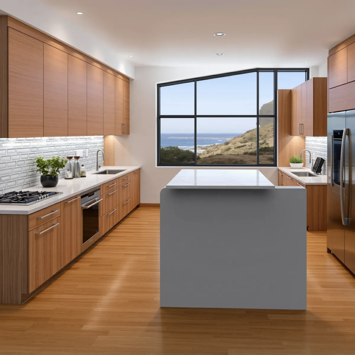 Laguna Beach coastal kitchen with large windows, white marble countertops, sleek cabinetry, and ocean views.
