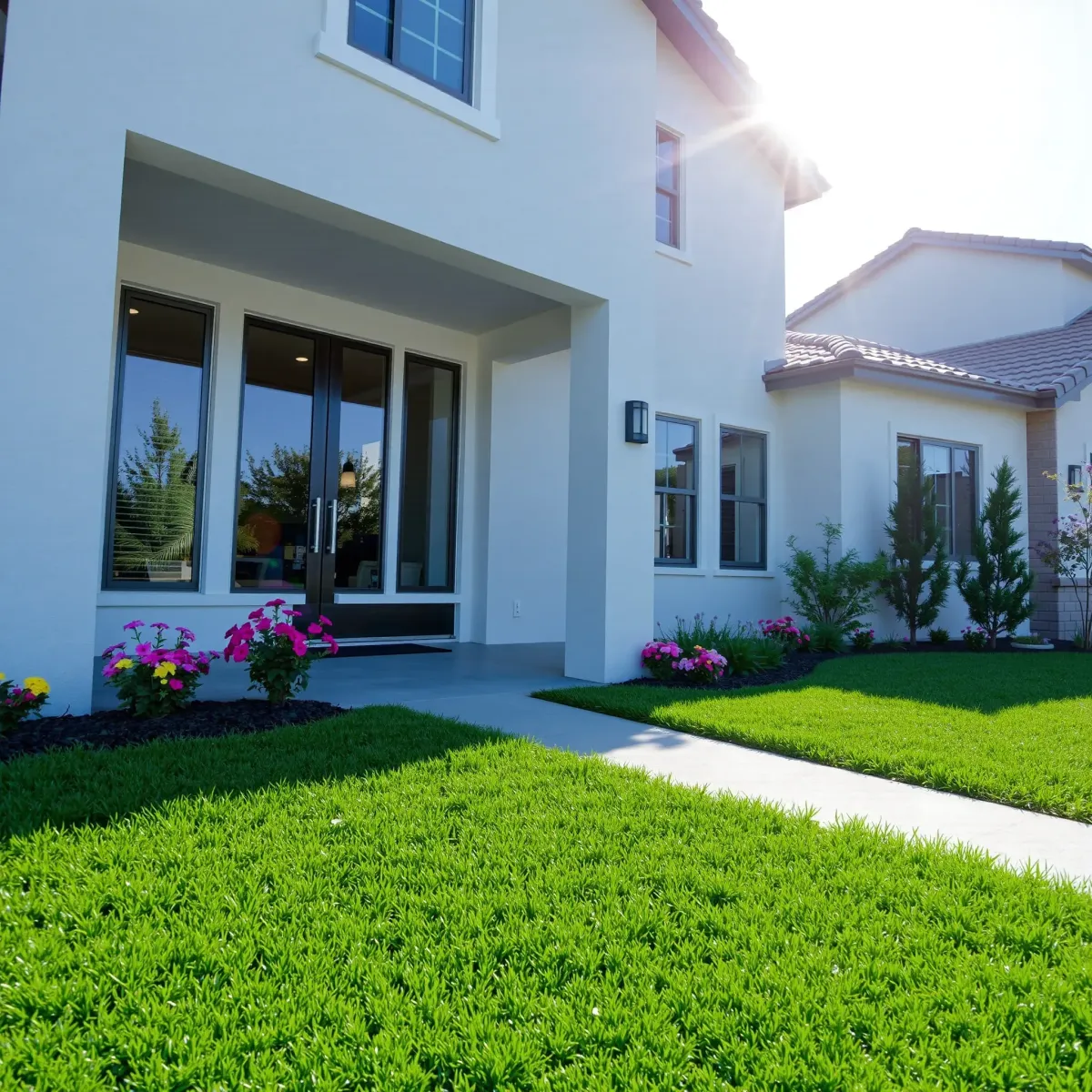 Modern Tustin home with open-concept living room, sleek furniture, large windows, hardwood floors, and stylish kitchen.