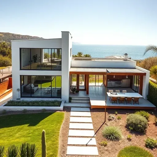 Coastal contemporary home in Dana Point, CA with sleek lines, large windows, drought-resistant landscaping, and ocean views.