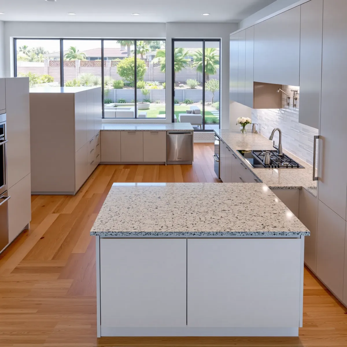 Modern Mission Viejo kitchen with walnut cabinetry, stainless appliances, quartz countertops, and open bright design.