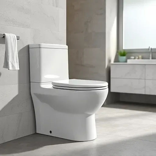 Newly installed modern white toilet in a sleek bathroom with neutral tiles, chrome fixtures, and natural lighting