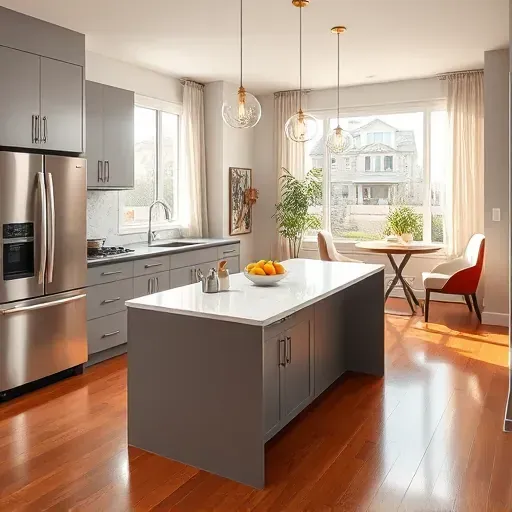 Remodeled Floral Park kitchen with modern matte cabinets stainless steel appliances quartz countertops hardwood floors and natural light