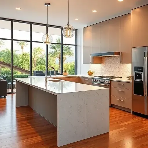 Modern Laguna Niguel kitchen with matte cabinets granite island pendant lighting lush greenery view