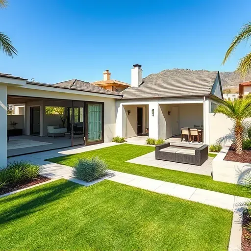 Modern Los Angeles home addition with large windows, seamless design, lush lawn, landscaped backyard, and neighboring suburban homes