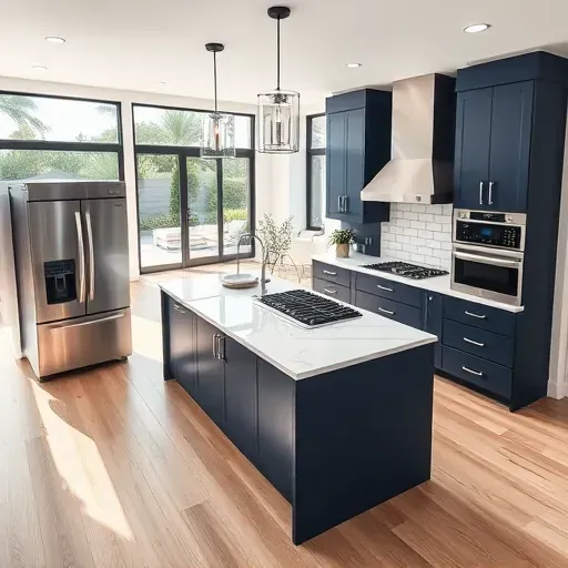 Modern renovated kitchen in Laguna Niguel with stainless steel appliances, white marble countertops, navy blue cabinets, and coastal views