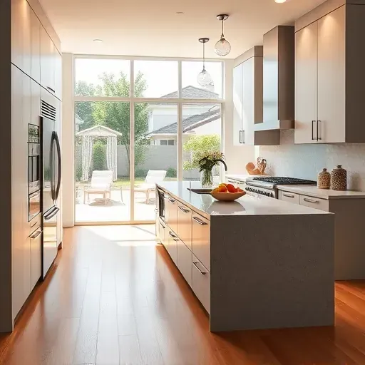 Beautiful renovated MainPlace CA kitchen with sleek matte cabinetry stainless steel appliances spacious island natural sunlight hardwood flooring and elegant decor