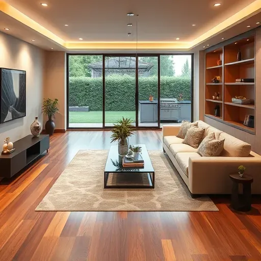 Beautiful modern basement in Los Angeles with hardwood floors, plush sofa, artwork, large windows, and lush backyard view